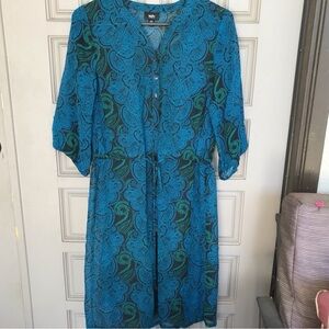 Mossimo Sheer Dress Green/Blue SzXZ Drawstring Waist 3/4Sleeve Elastic Cuff